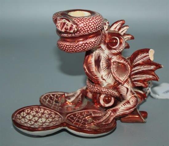 De Morgan style ruby lustre dragon candlestick (a.f.)